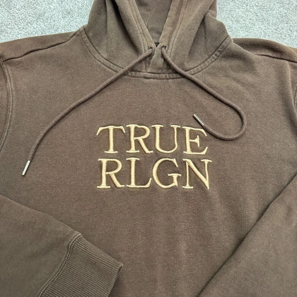 True Religion Hoodie Pullover Sweatshirt Men Small Brown Embroidered Logo Fleece